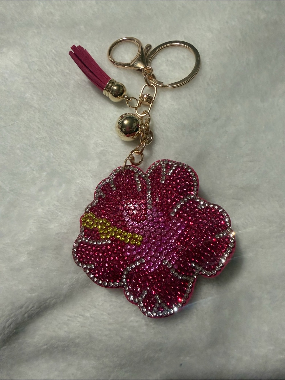 Pink Rhinestone Hibiscus Flower Keychain/ Purse Charm
